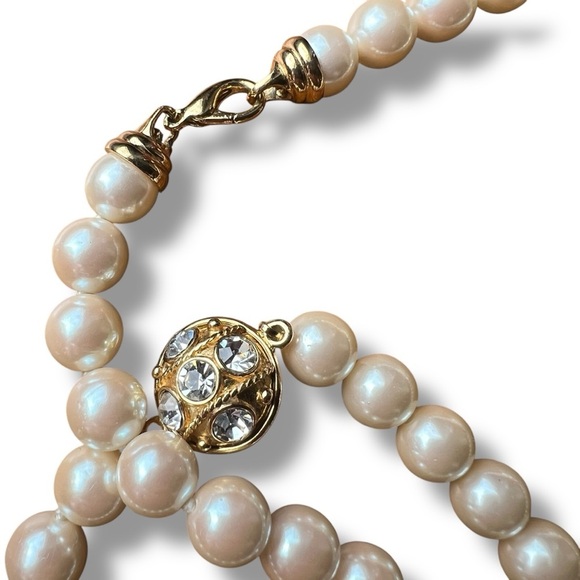 Single Strand Pearl Necklace with Gold and Rhinestone Bead Accents - Picture 8 of 8